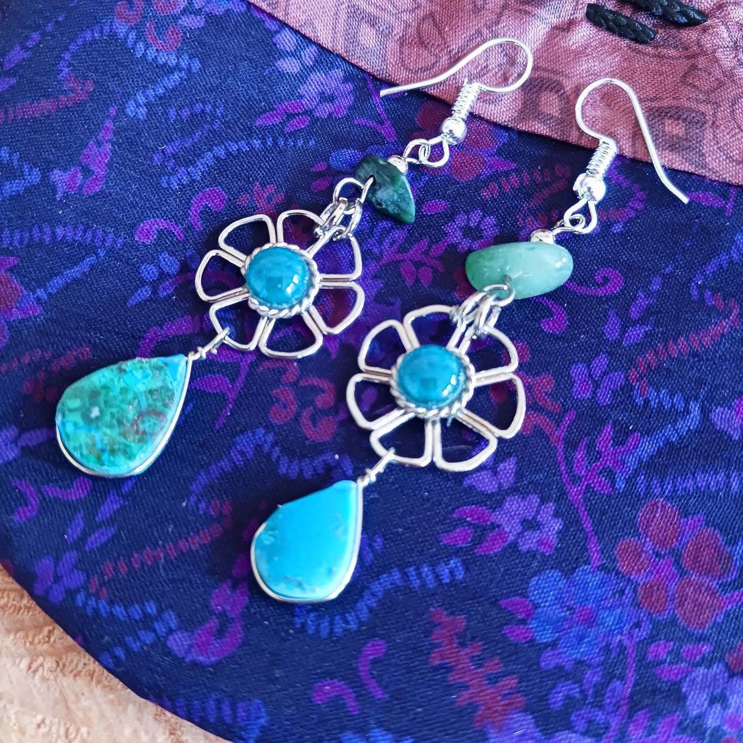 Peruvian Stone Drop Flower Earrings Silver Plated Hooks | Aqua