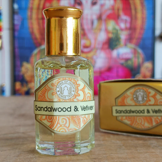 Song of India Natural Sandalwood &amp; Vetiver Ayurvedic Fragrance Oil is made with pure Essential Oils extracted from flowers, leaves, roots and wood. As the aromas get older they mature and become darker, thicker and even more pleasant in fragrance.