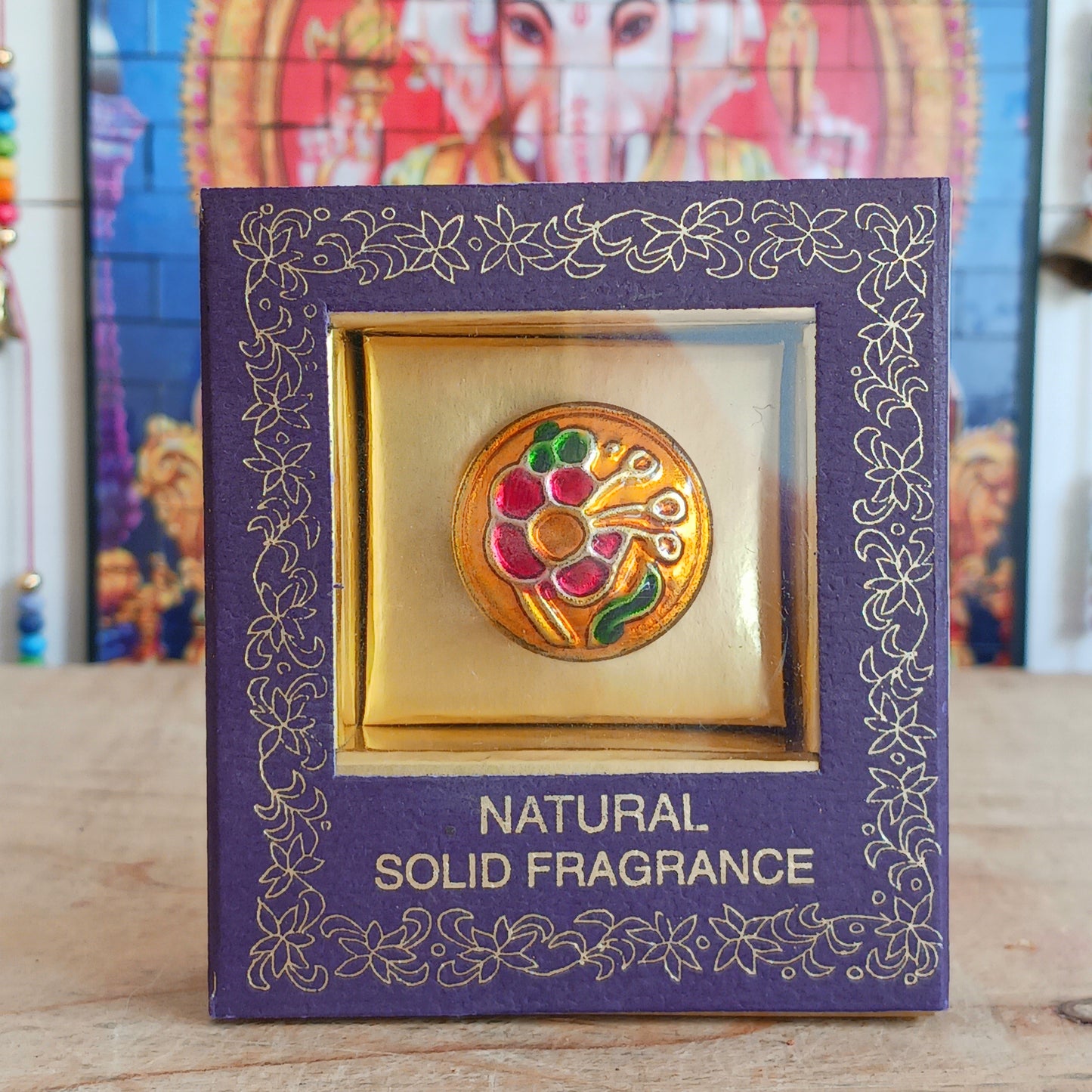 Natural solid Song of India Jasmine fragrance cream presented in a beautiful small brass cloisonné tin, makes an ideal gift for family and friends.