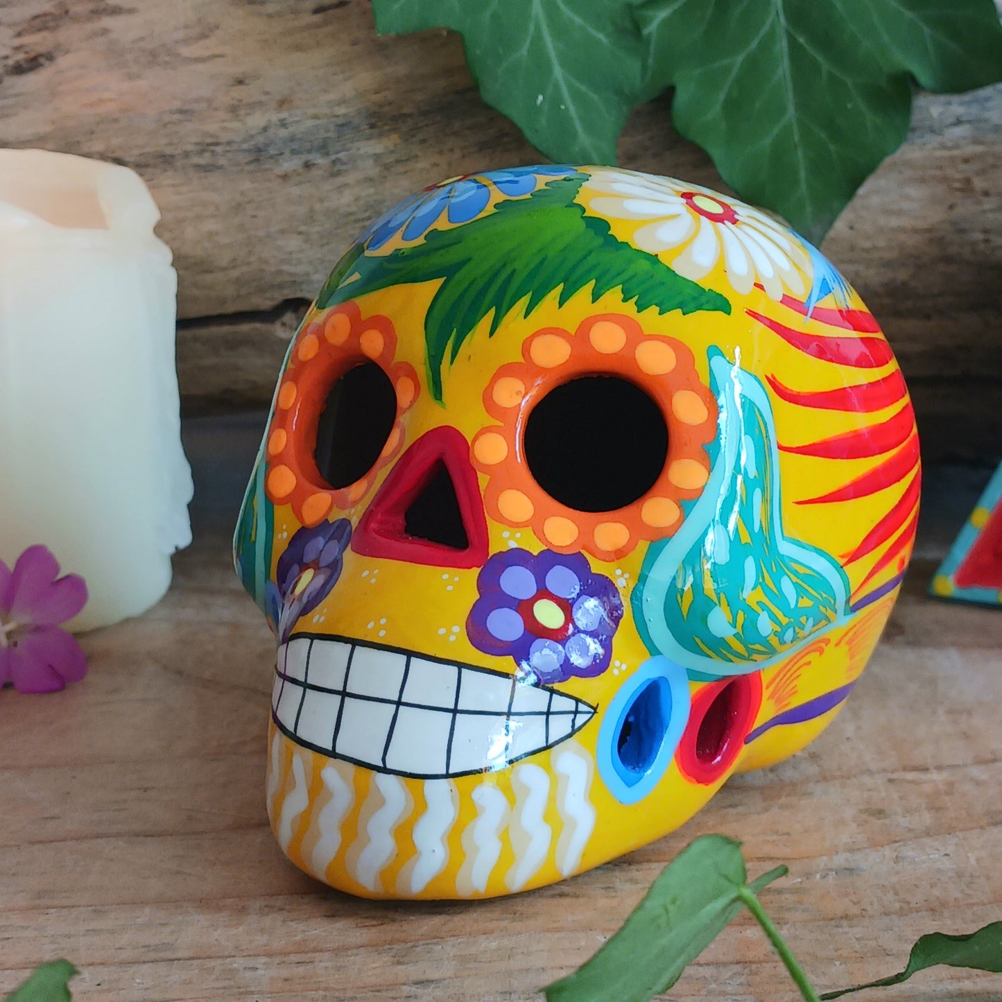 Mexican Painted Ceramic Candy Skull | Yellow