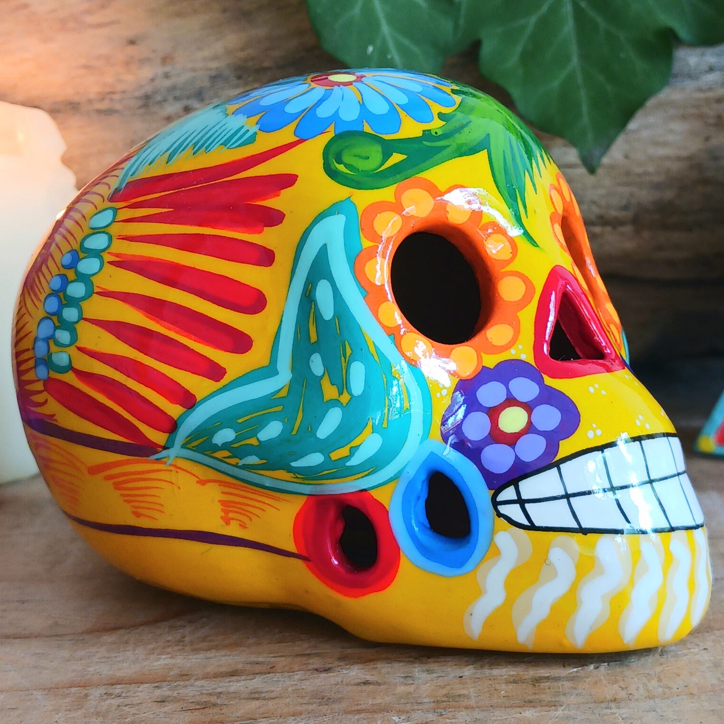 Mexican Painted Ceramic Candy Skull | Yellow