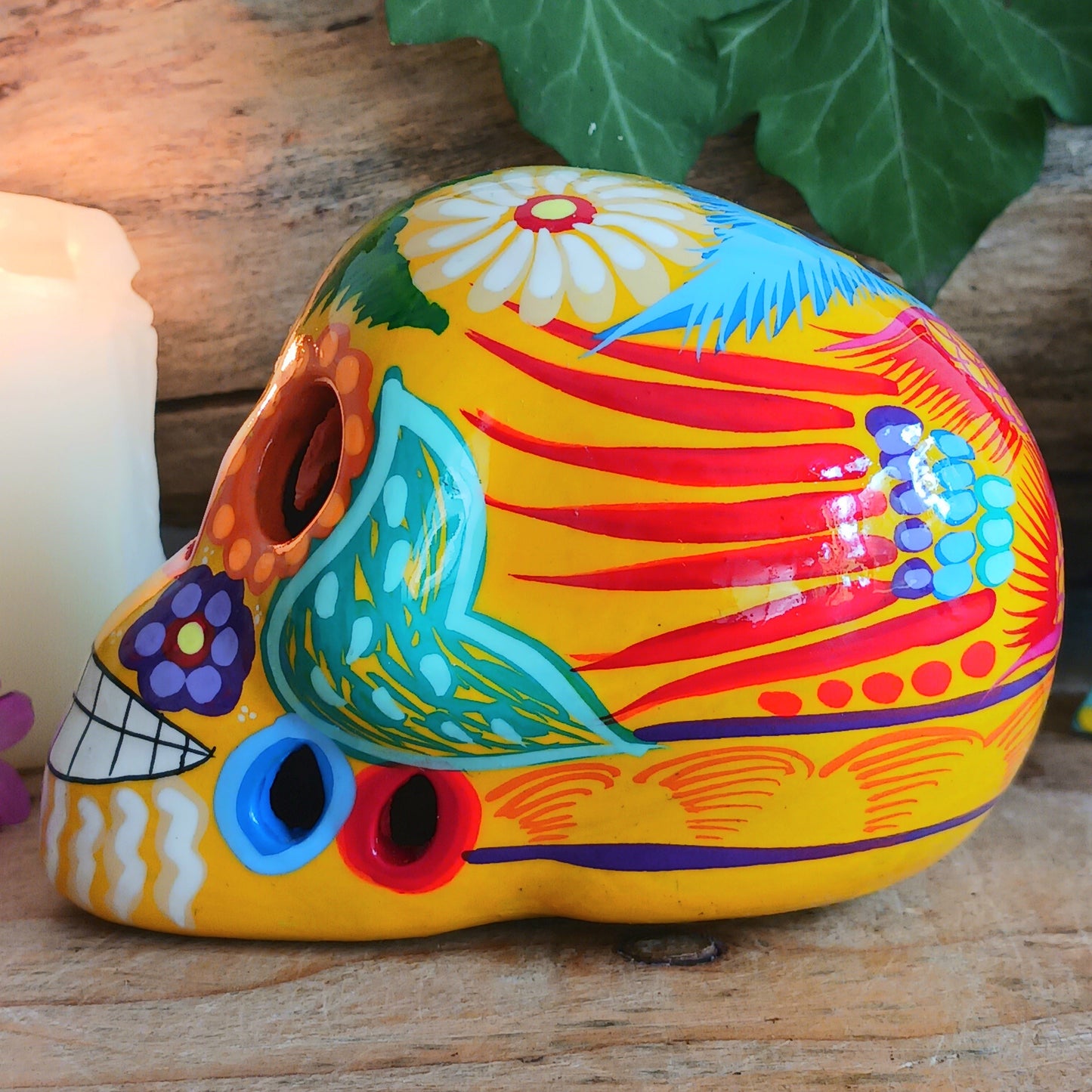 Mexican Painted Ceramic Candy Skull | Yellow