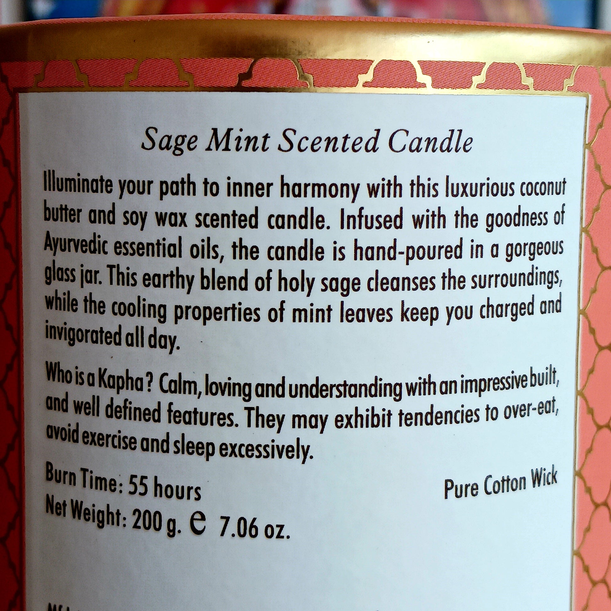 yurvedic scented candle made from luxurious coconut butter and soy wax, scented with the finest essential oils. &nbsp;This earthy blend of holy sage cleanses the surroundings, while the cooling properties of mint leaves keep you charged and invigorated all day. Fits best to people with kapha dosha.