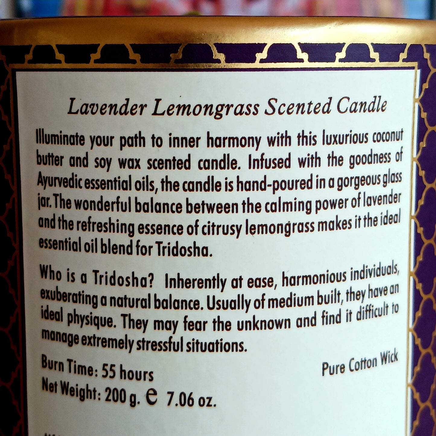 Ayurvedic scented candle made from luxurious coconut butter and soy wax, scented with the finest essential oils. The beautiful balance between the calming power of lavender and the refreshing essence of citrusy lemongrass makes this the ideal essential oil blend for Tridosha.