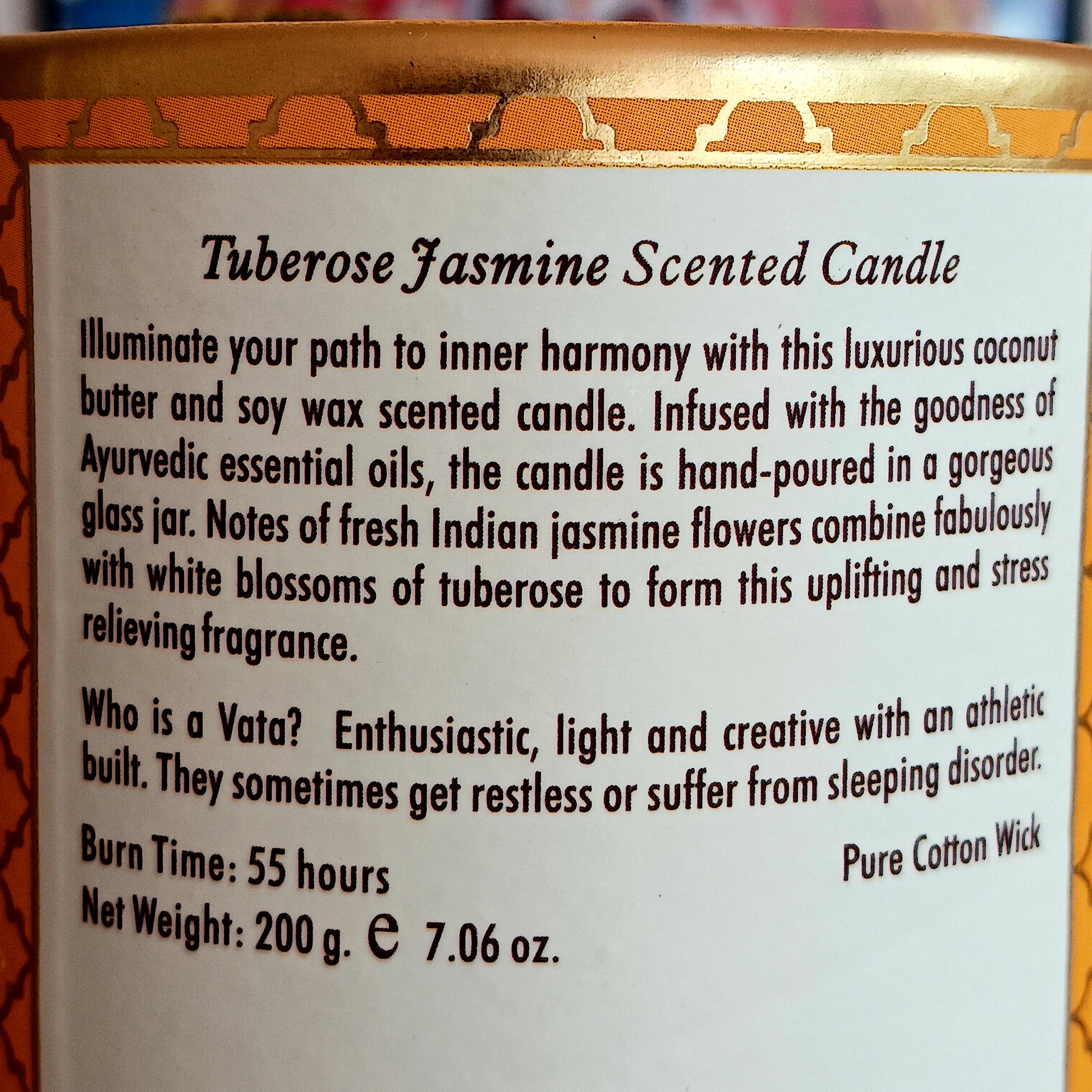 Song of India Ayurvedic scented candle made from luxurious coconut butter and soy wax, scented with the finest essential oils. &nbsp;The notes of fresh Indian jasmine flowers combine fabulously with white blossoms of tuberose, to form an uplifting and stress relieving fragrance. Of great benefit to persons with vata dosha.