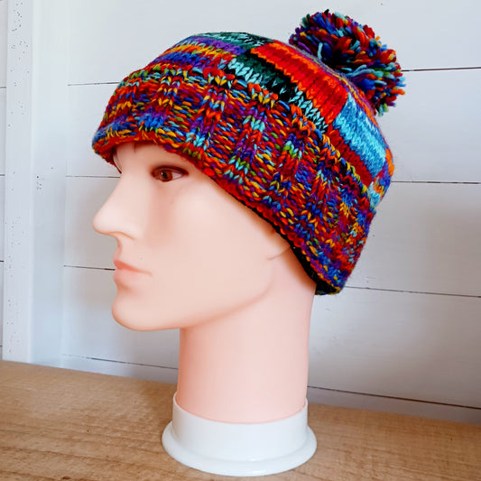 Tie Dye Knitted Patchwork Bobble Hat