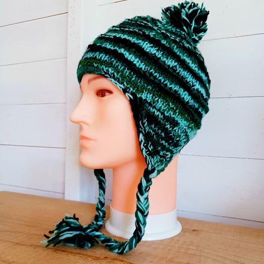 Tie Dye Tibetan Knitted Earflap Hat | Green Adult