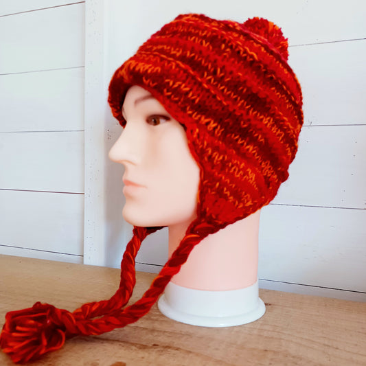 Tie Dye Tibetan Knitted Earflap Hat | Red Adult