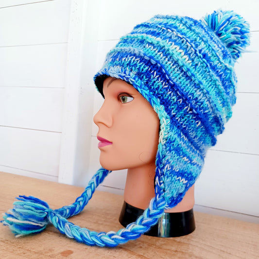 Tie Dye  Tibetan Knitted Earflap Hat Blue | Adult