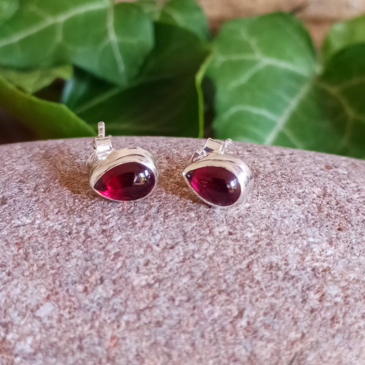 Silver Garnet Stud Earrings | Teardrop