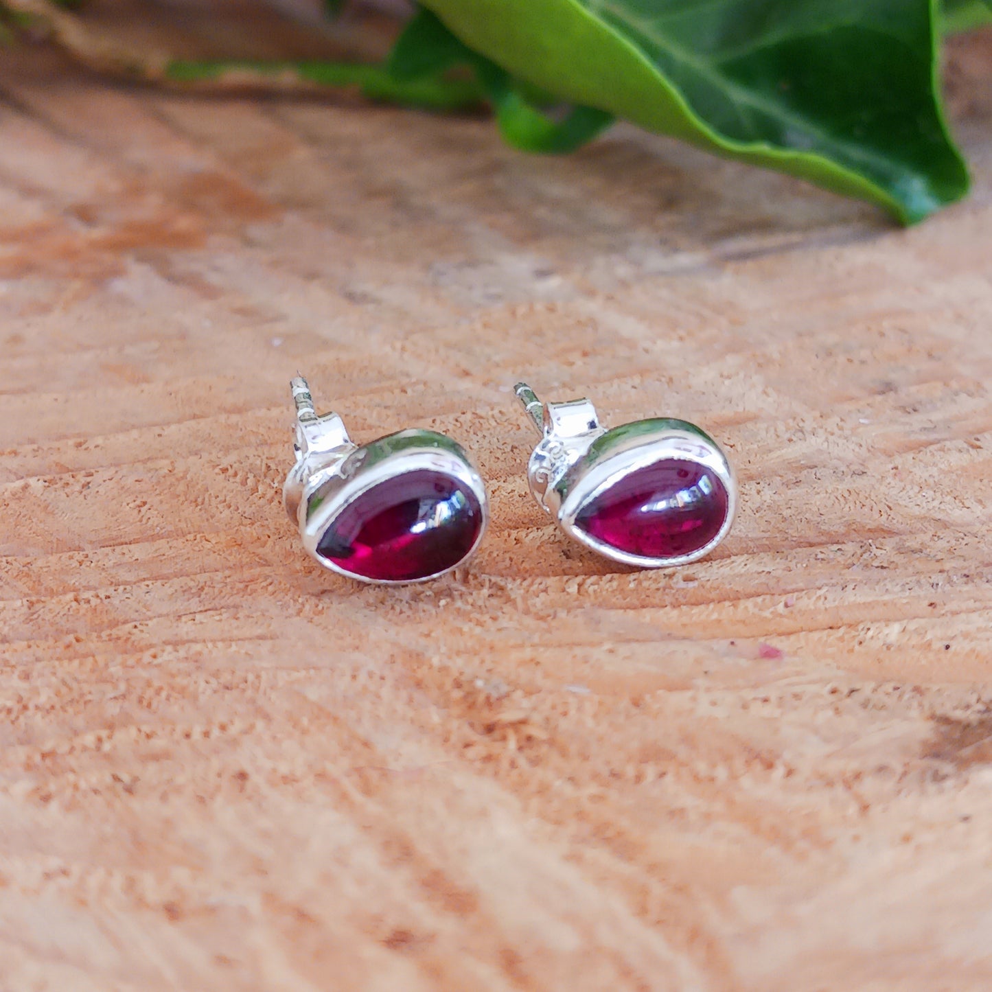 Silver Garnet Stud Earrings | Teardrop