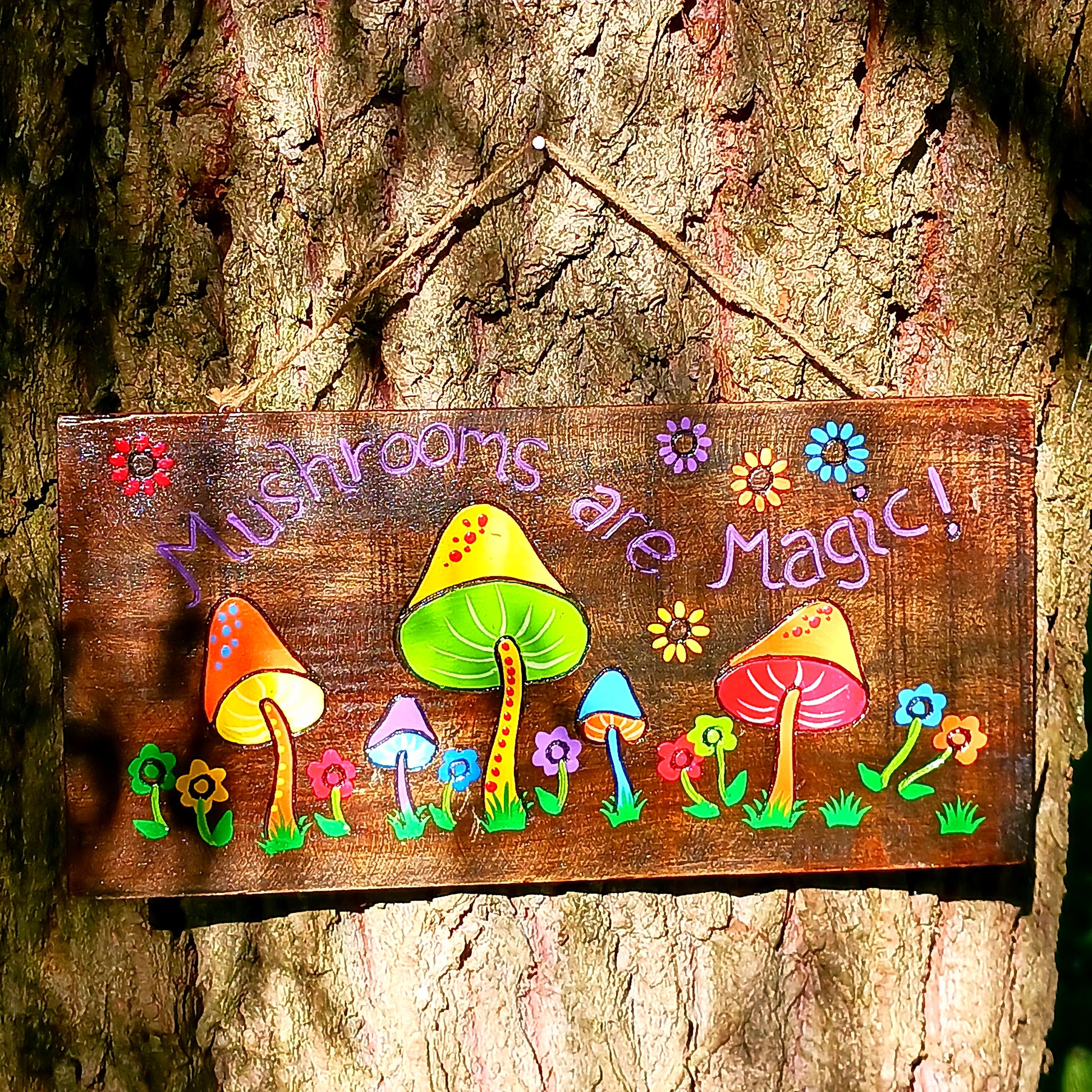 This stunning wall plaque features vibrant hand painted wildflowers and giant mushrooms, beautifully displayed on contrasting dark wood.