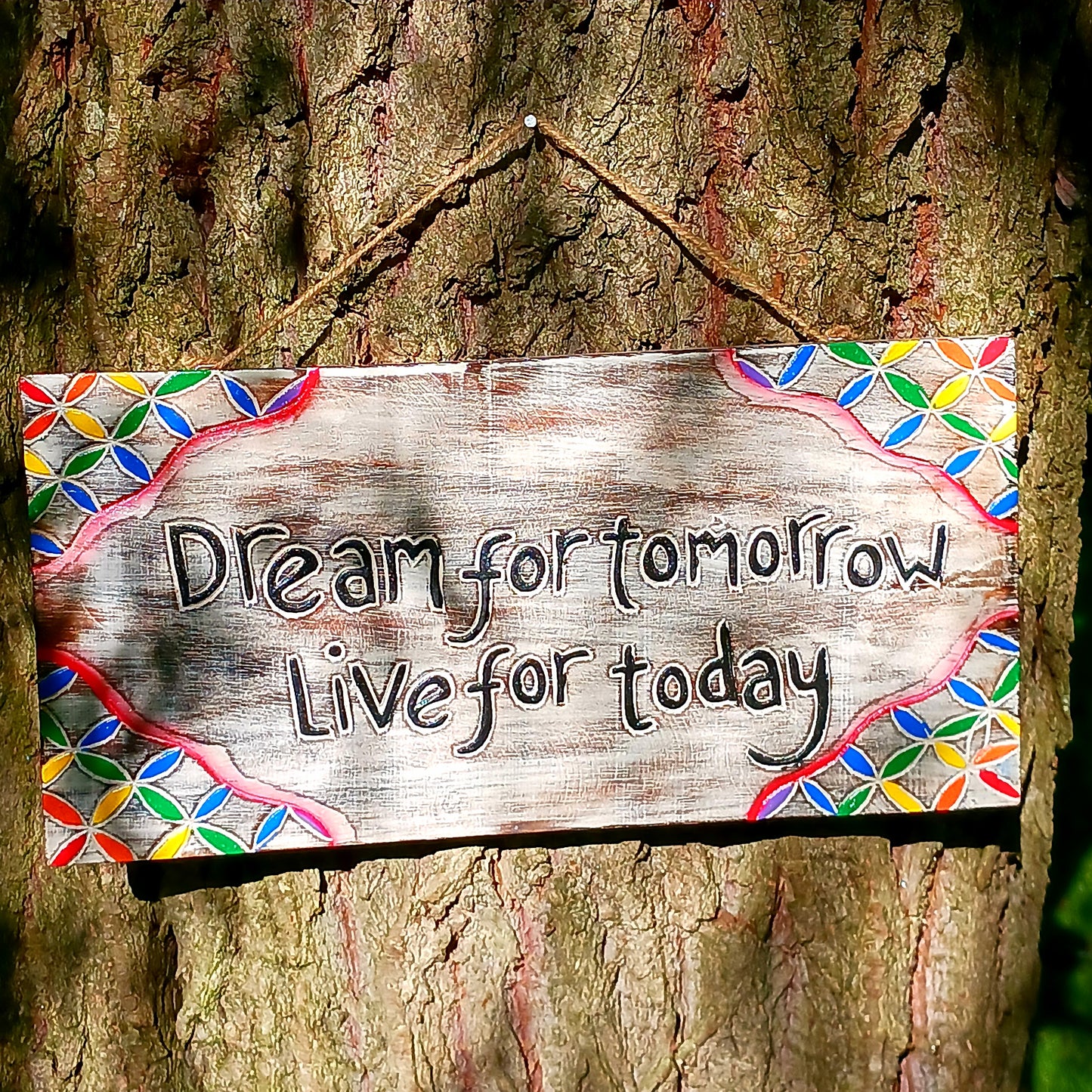 This colourful thick wooden plaque has been given a rustic finish and bears the inspirational inscription "Dream for tomorrow live for today." Each plaque has a thick twine string, perfect for hanging from any wall or door.