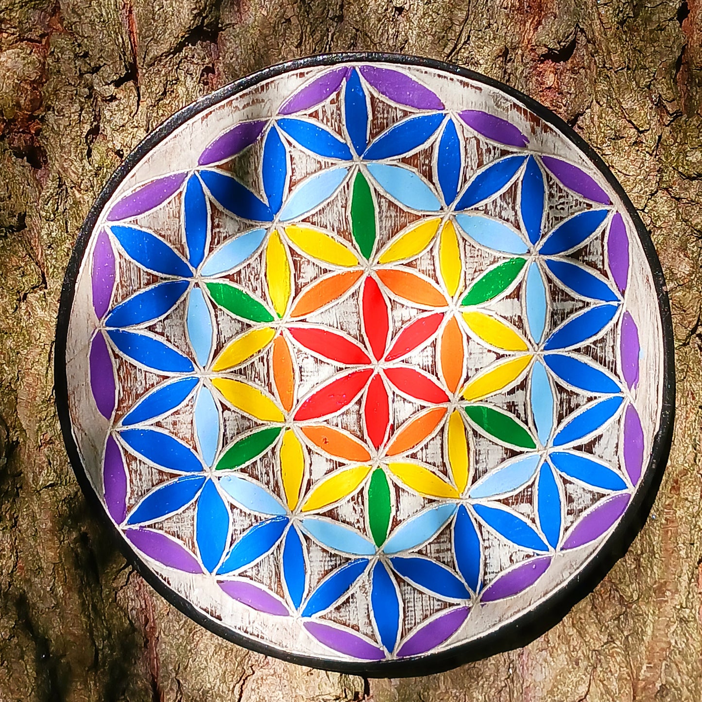 The Flower of Life is a complex, ancient symbol made from many overlapping circles. These symbols are now used in The New Age movement as an example of sacred geometry.