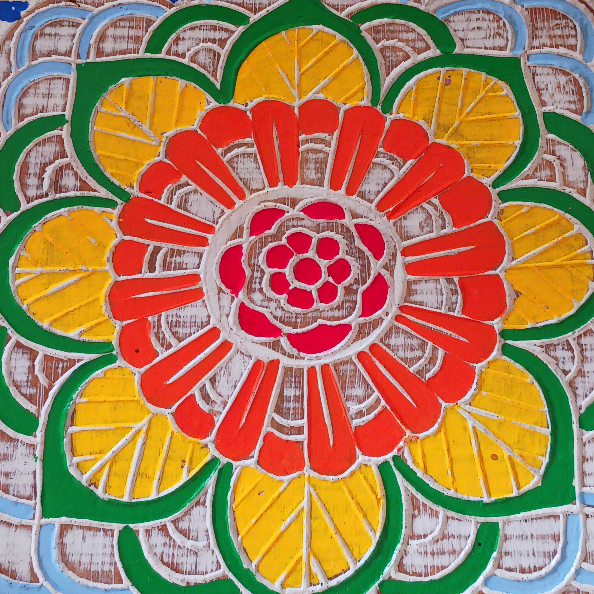 This superbly intricate wooden mandala plaque features the seven chakra colours and a rustic finish to the exposed wood.