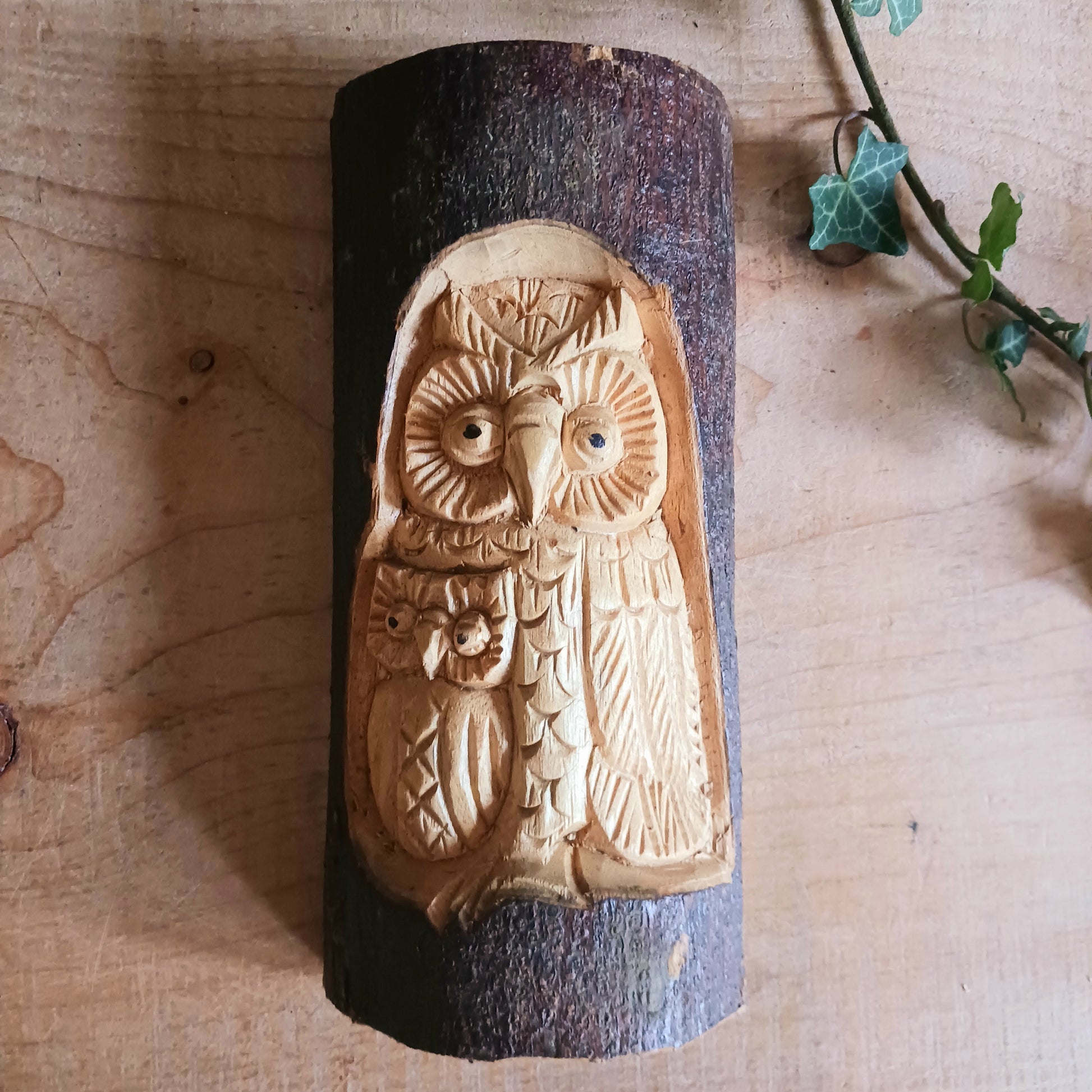 This wonderfully unique and beautifully designed tree stump log carving features a mother and baby owl and is fashioned from the trunks of Chinaberry (Jempinis) and Hibiscus trunks off cuts.