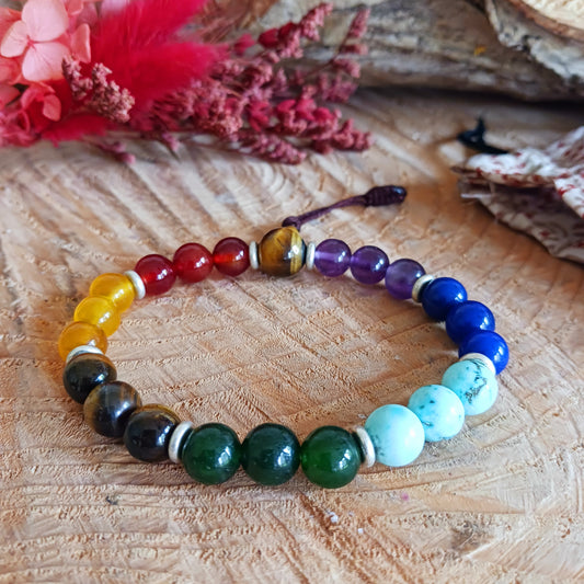 These beautiful bracelets feature chakra mala beads, multi gemstone, all natural hand knotted chakra beads. Balancing for all Seven Chakras.

A wrist mala is a string of beads used for counting mantras. The traditional number of beads for a Tibetan mala is 108, but smaller numbers such as 54, 27, 21 and 18 are also common. Spacer beads are not often included in this number but can be a personal choice for ease of use or decoration. Additional feature such as strands of counter beads, tassels, and symbolic j