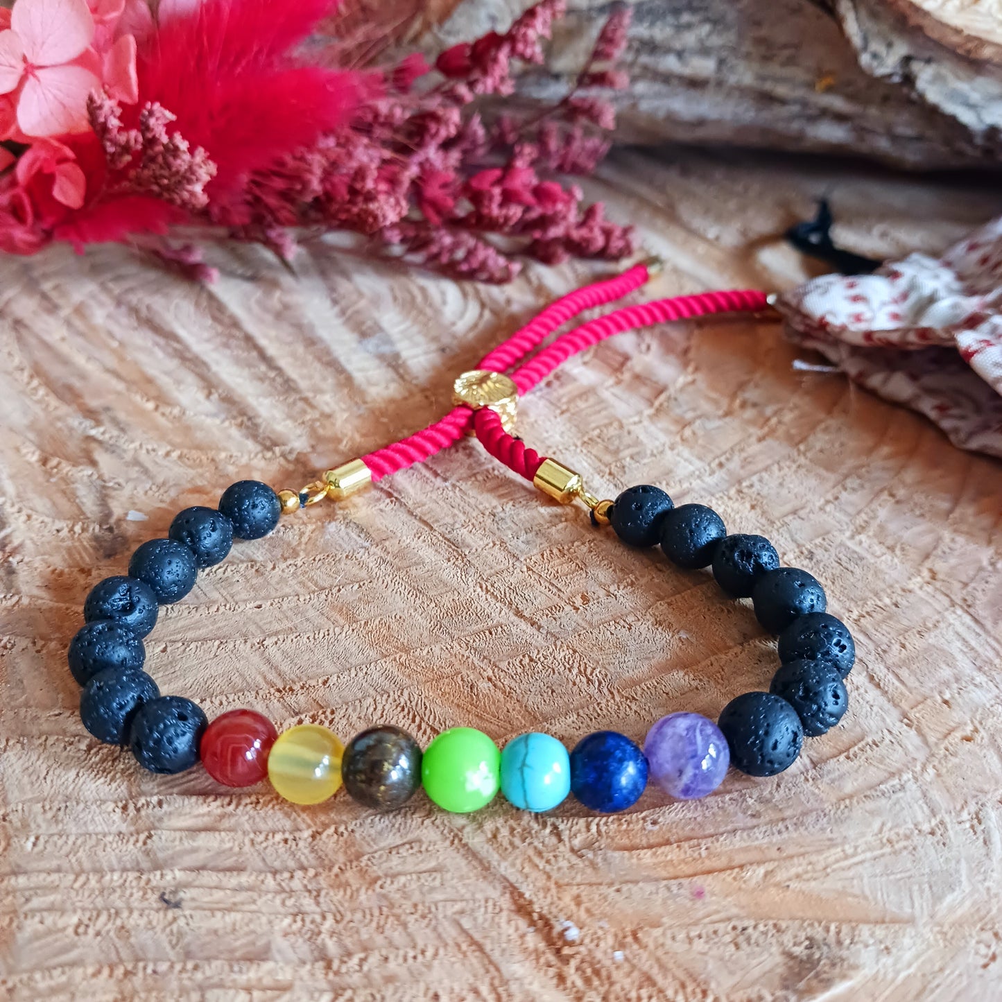 18K Gold Plated Gemstone Lava Chakra Bracelet