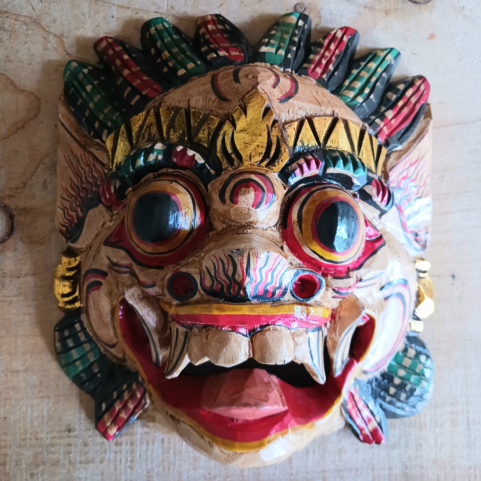 These intriguing masks have been hand carved by traditional artisans in Bali, Indonesia. The Raksassa mask is used in the traditional dance styles of Bali and can be literally translated as meaning "huge and strong" or simply "monster."