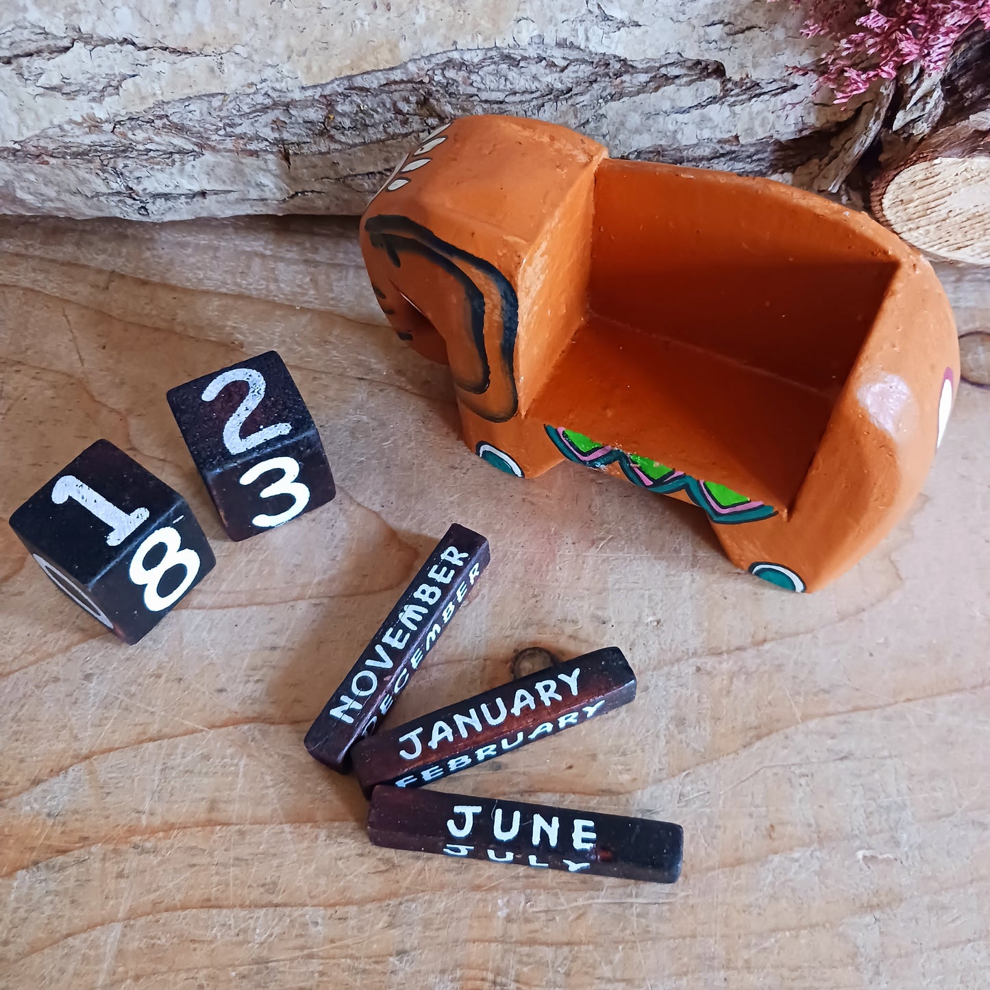 This fun, hand painted wooden calendar is perfect for your work or study space and makes a great desk-buddy too! Simply rotate the wooden blocks each day and use year after year.