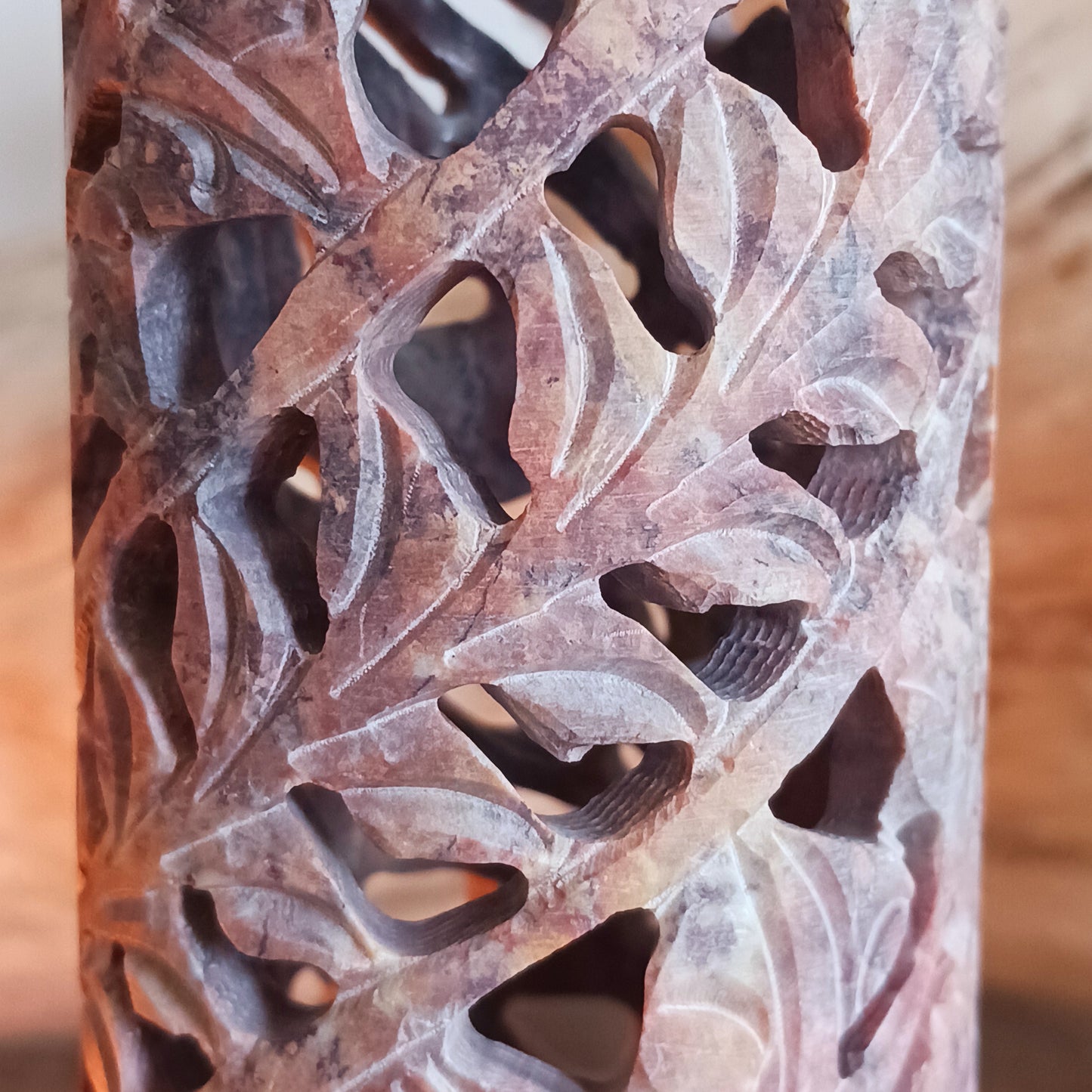 This hand carved soapstone incense tower is made in Agra, in a part of India famous for handcrafted stoneware as illustrated centuries ago by the intricate stonework on the Taj Mahal. The craft techniques for making this beautiful soapstone product has been passed down from generations.