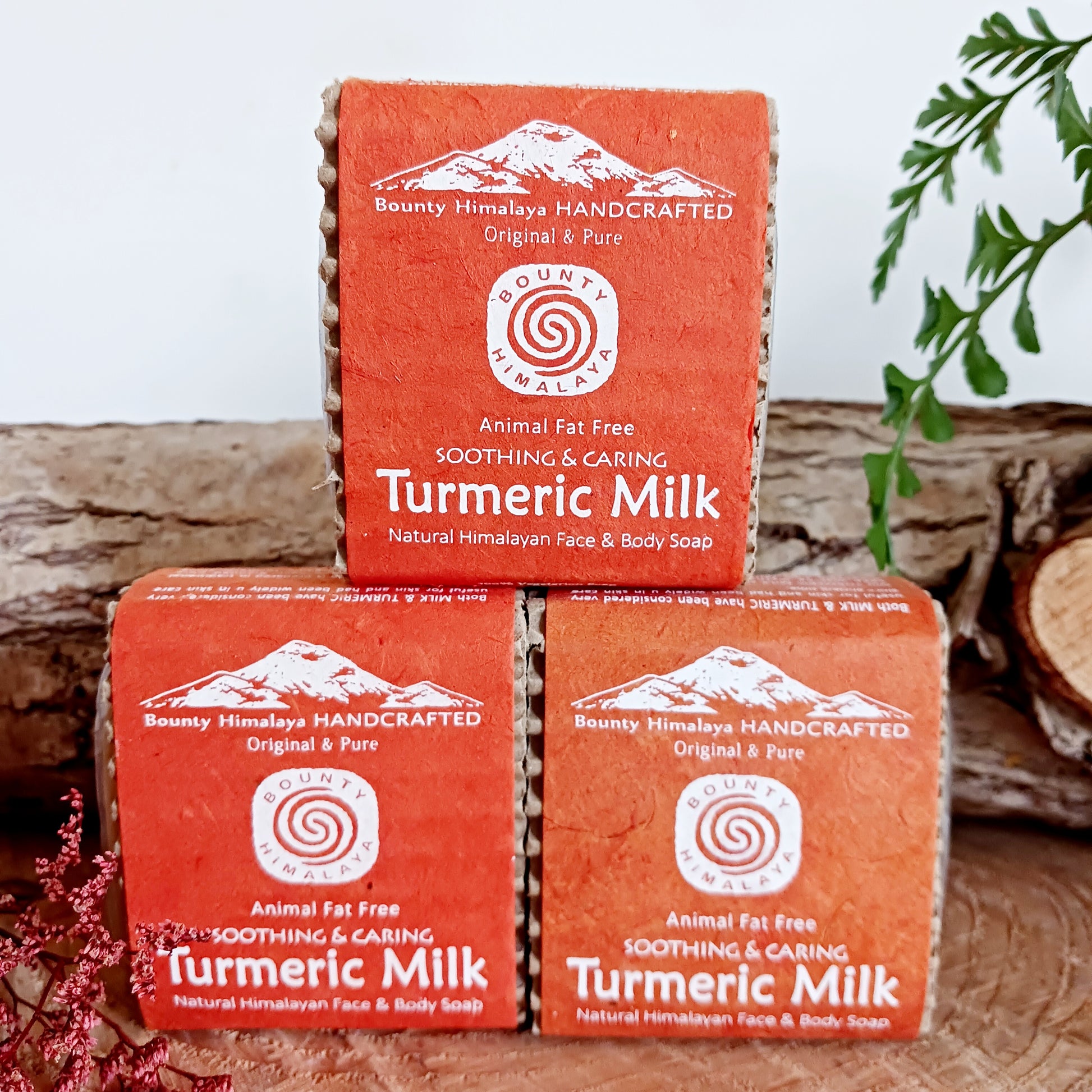 Handmade natural soap made in true artisan style by just a few workers in a tiny workshop in the foothills of the Himalayas. Each bar is wrapped in natural Lokta paper. This natural Tumerick Milk soap can be used on face and body and is soothing and moisturizing.