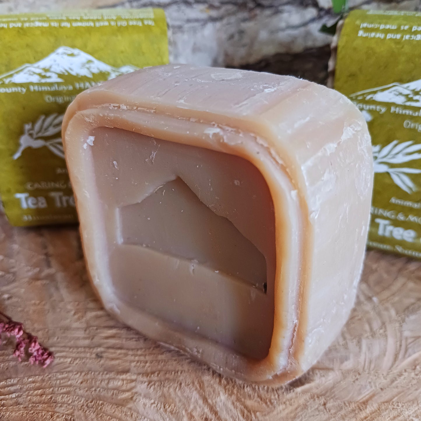 Handmade natural soap made in true artisan style by just a few workers in a tiny workshop in the foothills of the Himalayas. Each bar is wrapped in natural Lokta paper. This natural Tea Tree and Neem soap can be used on face and body and is soothing and moisturizing.