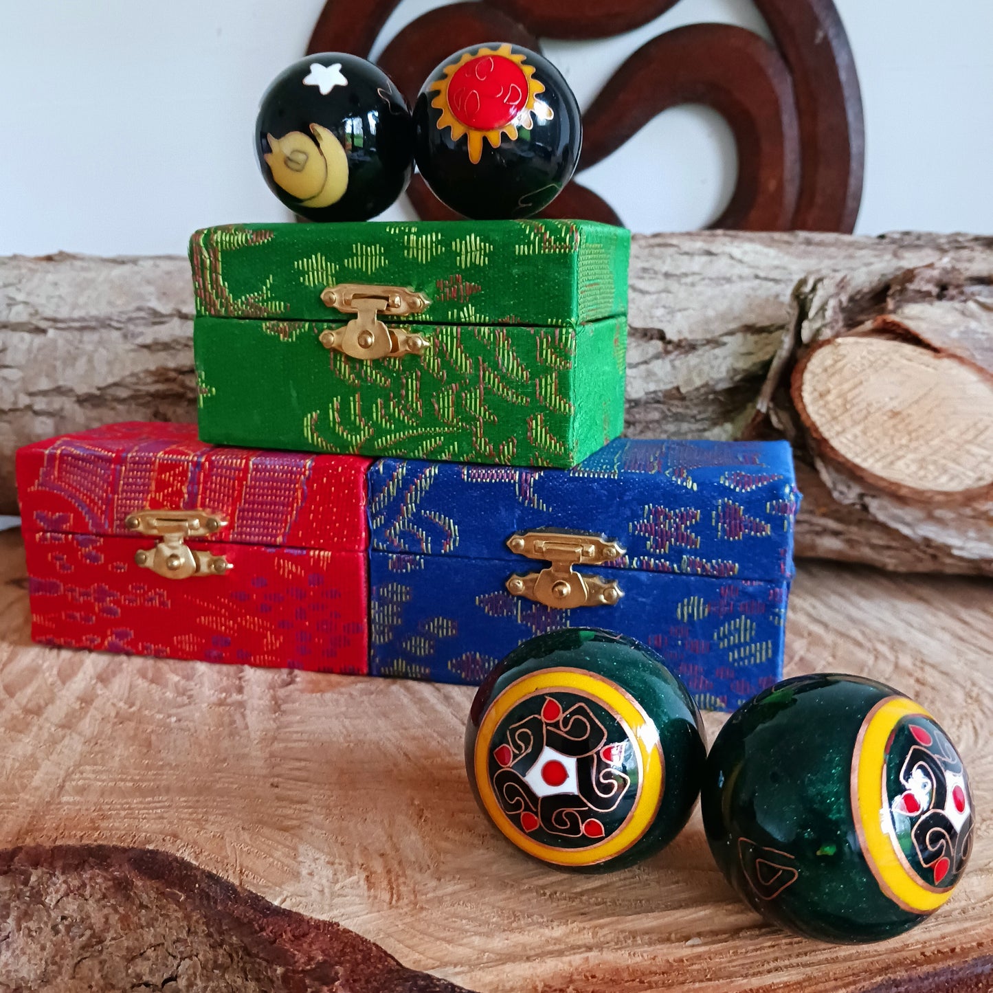 There is a sound mechanism inside the health balls causing a tender sound. Each health ball has a diameter of about 4 cms. They come in a set of two, in a padded brocade box of beautiful Chinese silk embroidery.