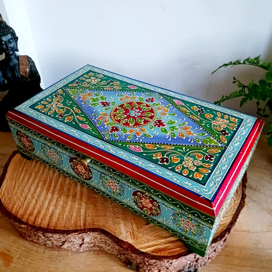 This is a large and beautiful hand made, hand painted Indian wooden jewellery box in a striking turquoise and floral pattern. The box has a hinged lid and front closure. Ideal as a decorative jewellery, trinket, keepsake box or a tidy, attractive way of hiding odds and ends.