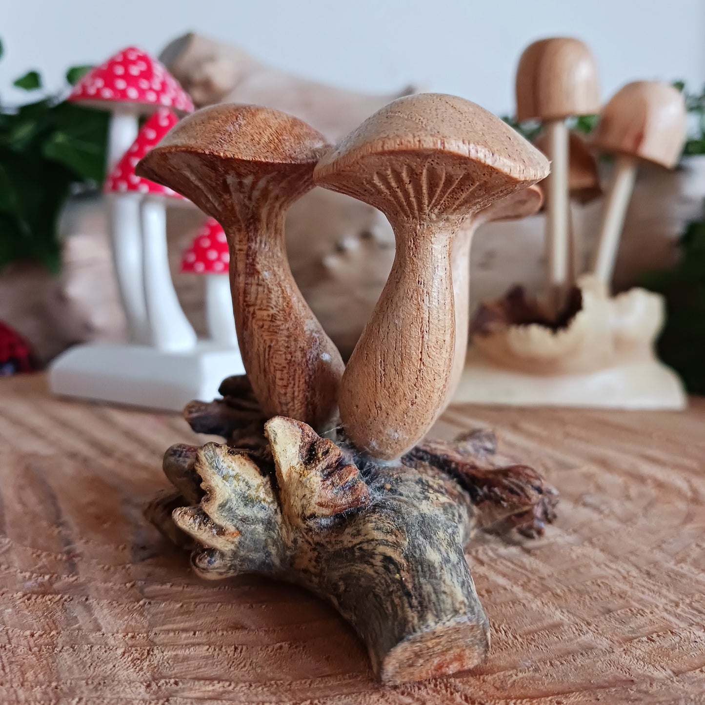 These collections of little hand carved wooden mushrooms have been carefully carved in white wood to fit perfectly into this fascinating wood rose formation.