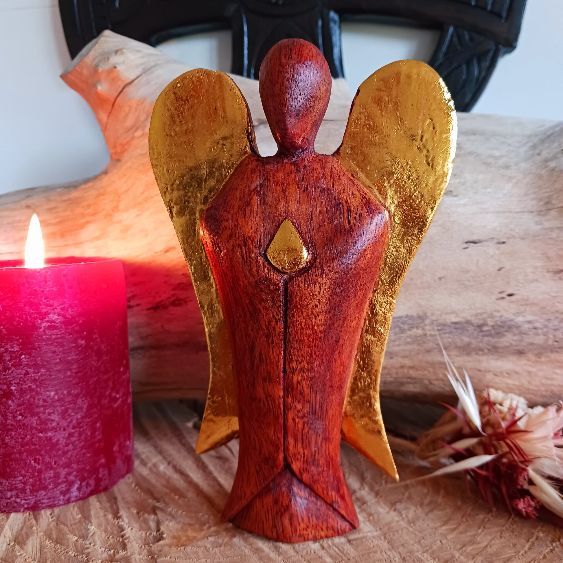 Hati-Hati wooden angels are hand carved in mountain villages in Indonesia from Suar-wood a sustainable hardwood. This wood is used to create beautiful and often sacred images.