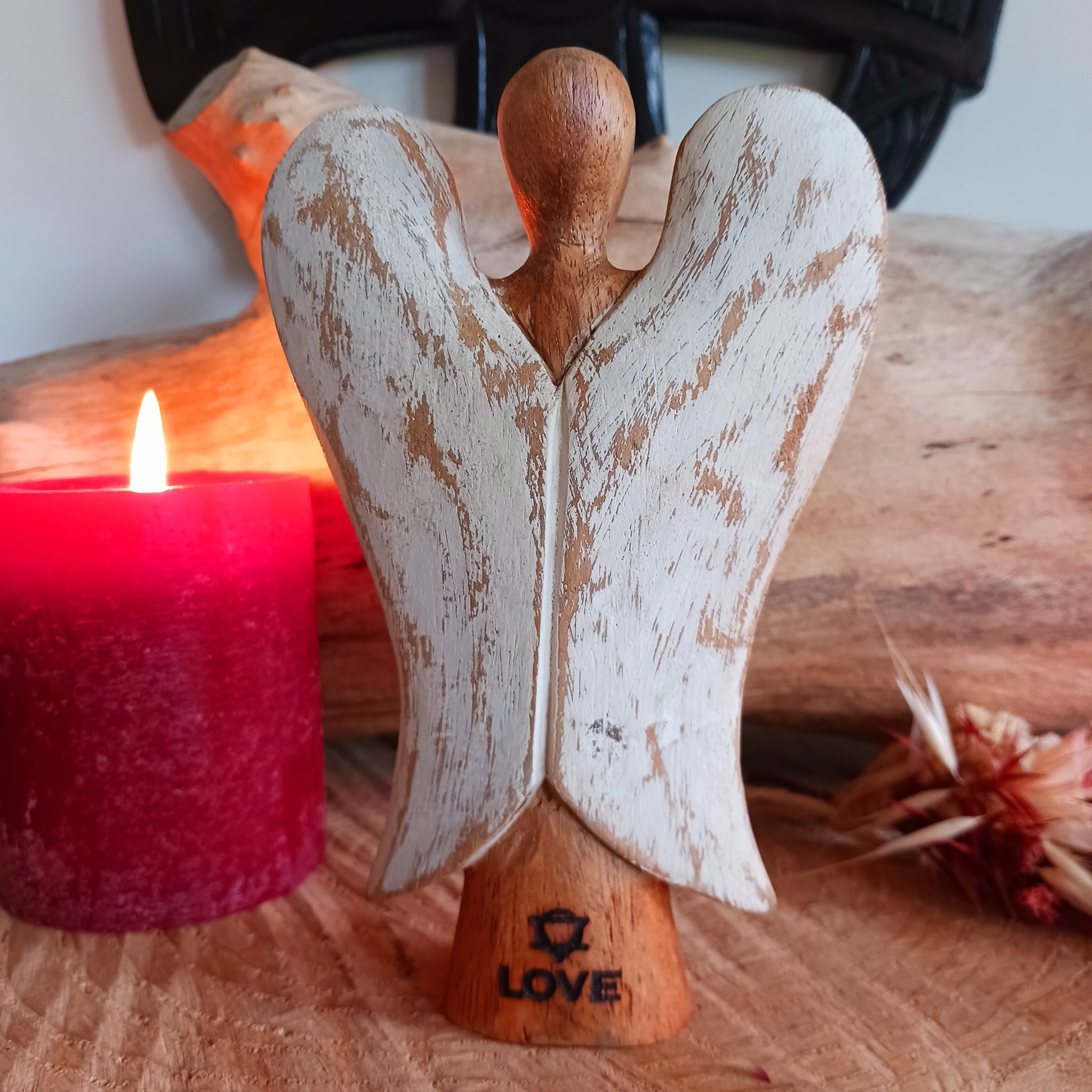 Hati-Hati wooden angels are hand carved in mountain villages in Indonesia from Suar-wood a sustainable hardwood. This wood is used to create beautiful and often sacred images.