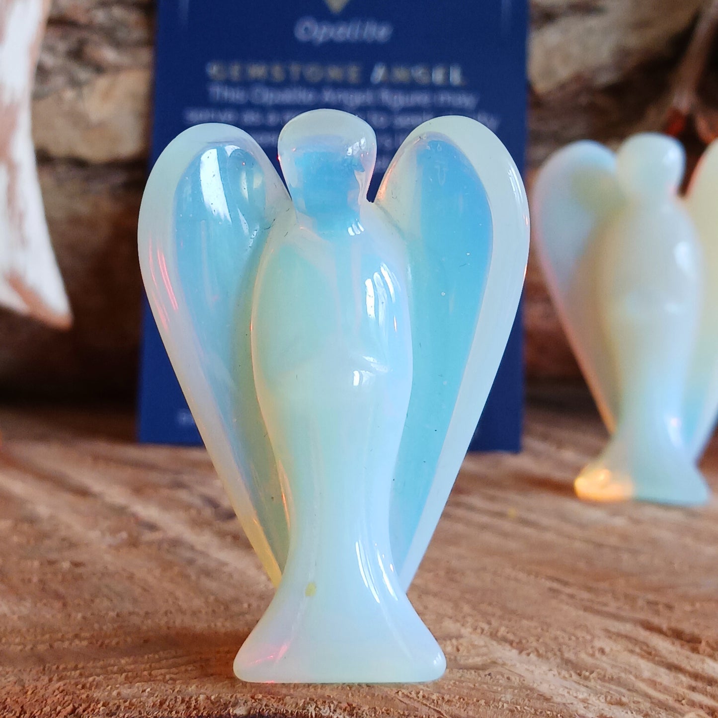 These beautiful angels are hand carved from Opalite. Opalite is treasured for its array of metaphysical properties, including its calming influence, capacity to enhance communication, role in spiritual growth, and potential to boost intuition.