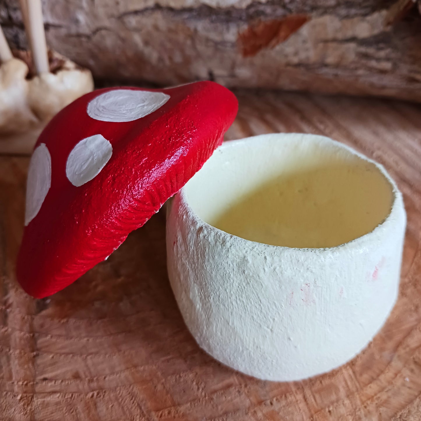 Handmade from an ingenious mix of sawdust and latex, this fun-gi little mushroom is perfect for storing your jewellery and small trinkets. It has been shaped and painted by hand in Northern Thailand.