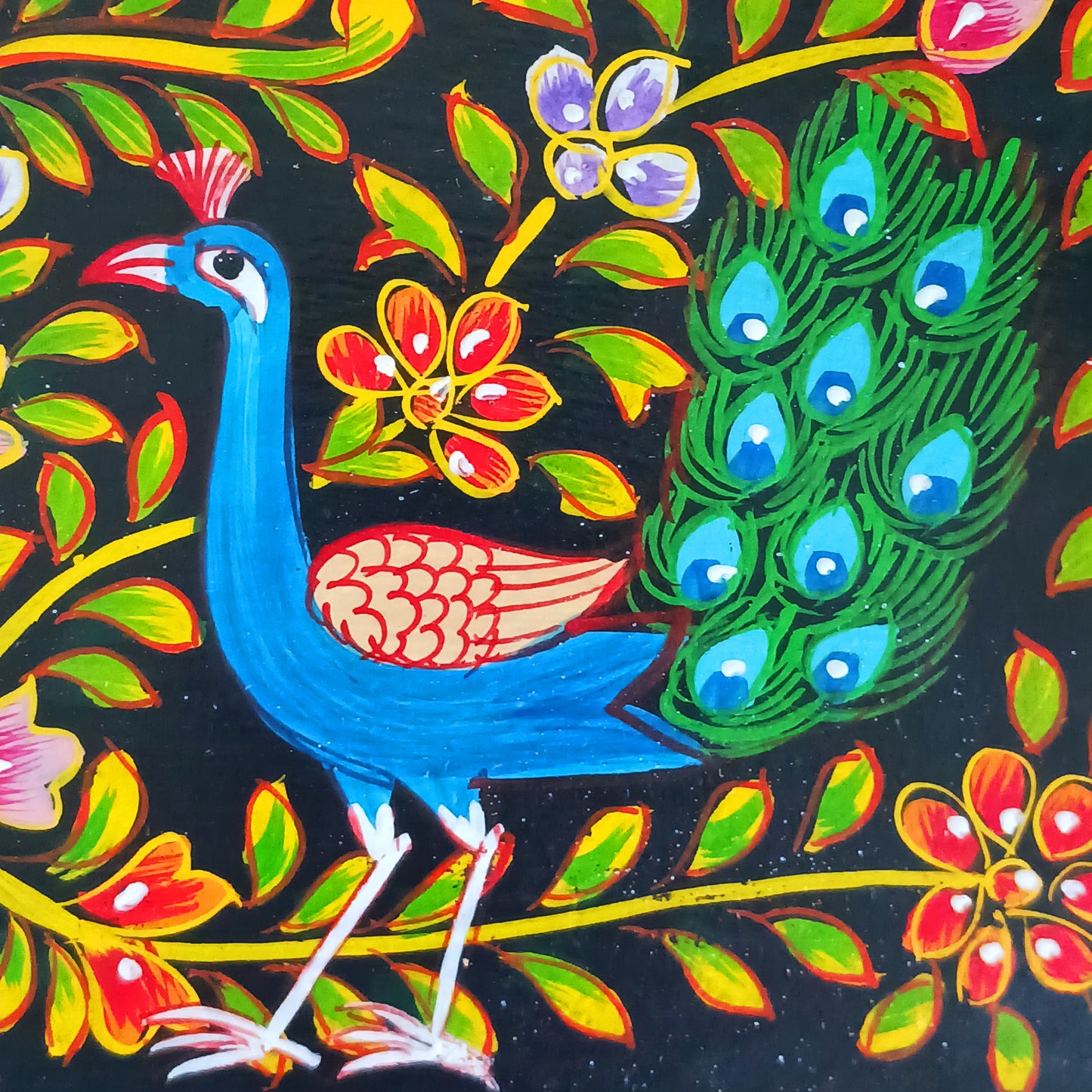 This beautiful hand painted sustainable mango wood box is ideal for keeping your jewellery or keepsakes in. The pretty peacock painting is framed with florals, as are the sides, and a little gold knob at the side for opening. A unique gift of colour and culture.