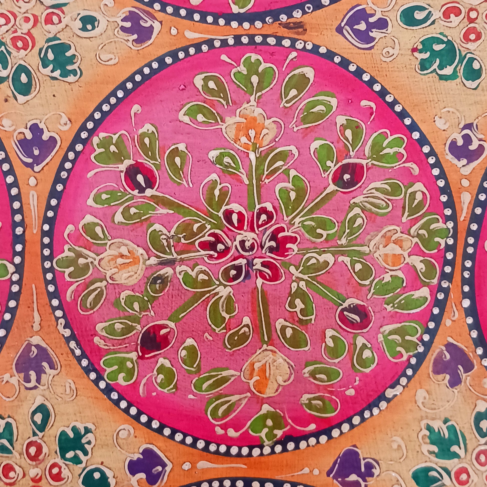 Bring a touch of Indian vibrance to your home with this stunning hand-painted pink and lime bajot table.  Hand crafted from solid wood and decorated with eye-catching Indian motifs, this lovely piece of furniture makes a charming coffee table or unique accent piece.
