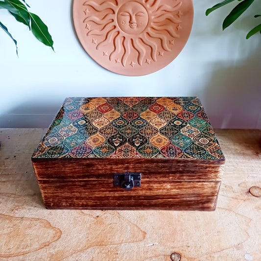 Add a touch of cultural elegance to your home with this Ceramic Glazed Wood Box. Expertly crafted, it combines the durability of solid wood with the glossy sophistication of glazed ceramic, making it both functional and decorative.