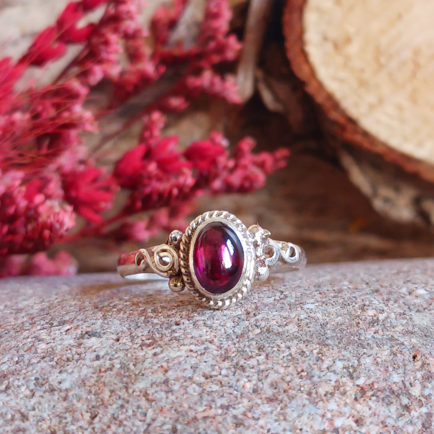 Garnet Spirals Nepalese Silver Ring | Size (8.5 )