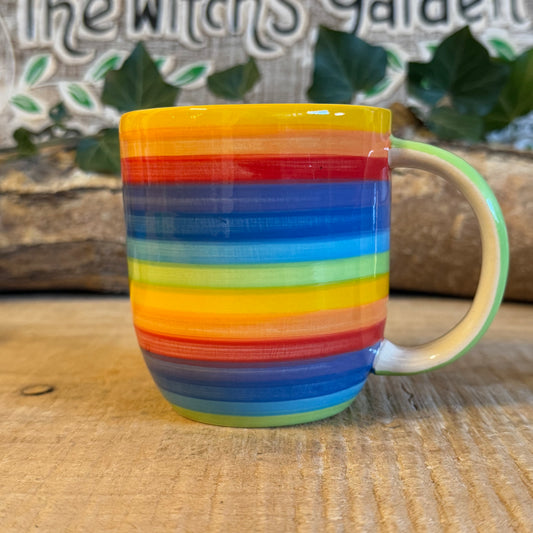 Lovely and colorful rainbow striped mugs with a pale green interior, perfect for every day use at home,&nbsp;The welcoming design is uplifting and contributes to creating a reassuringly cosy atmosphere. The traditional profile is finished to a shine glaze, beautifully highlighting the vibrant multi colors'.