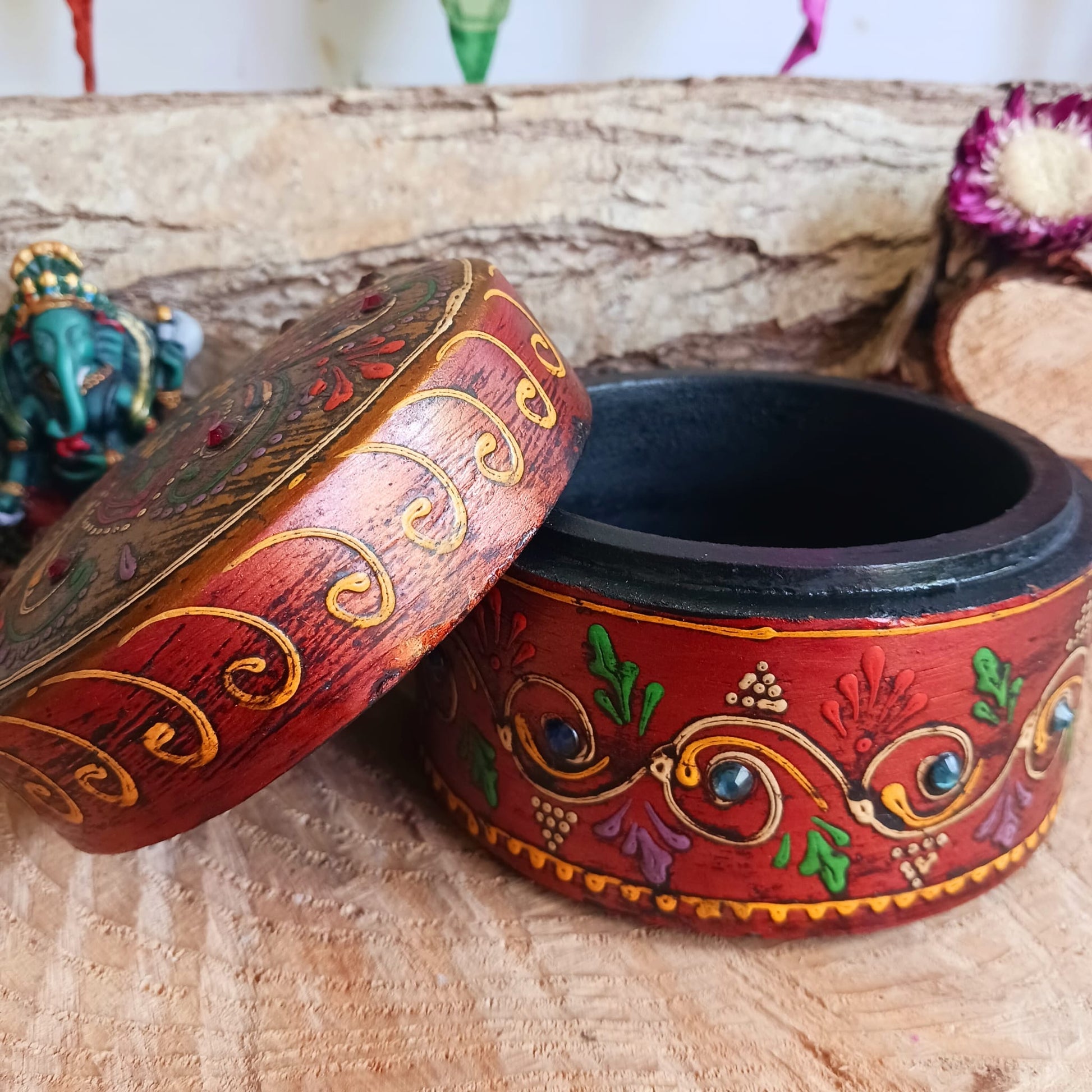 Hand painted Indian Round Jewellery Box  | Trinket Box | Brown