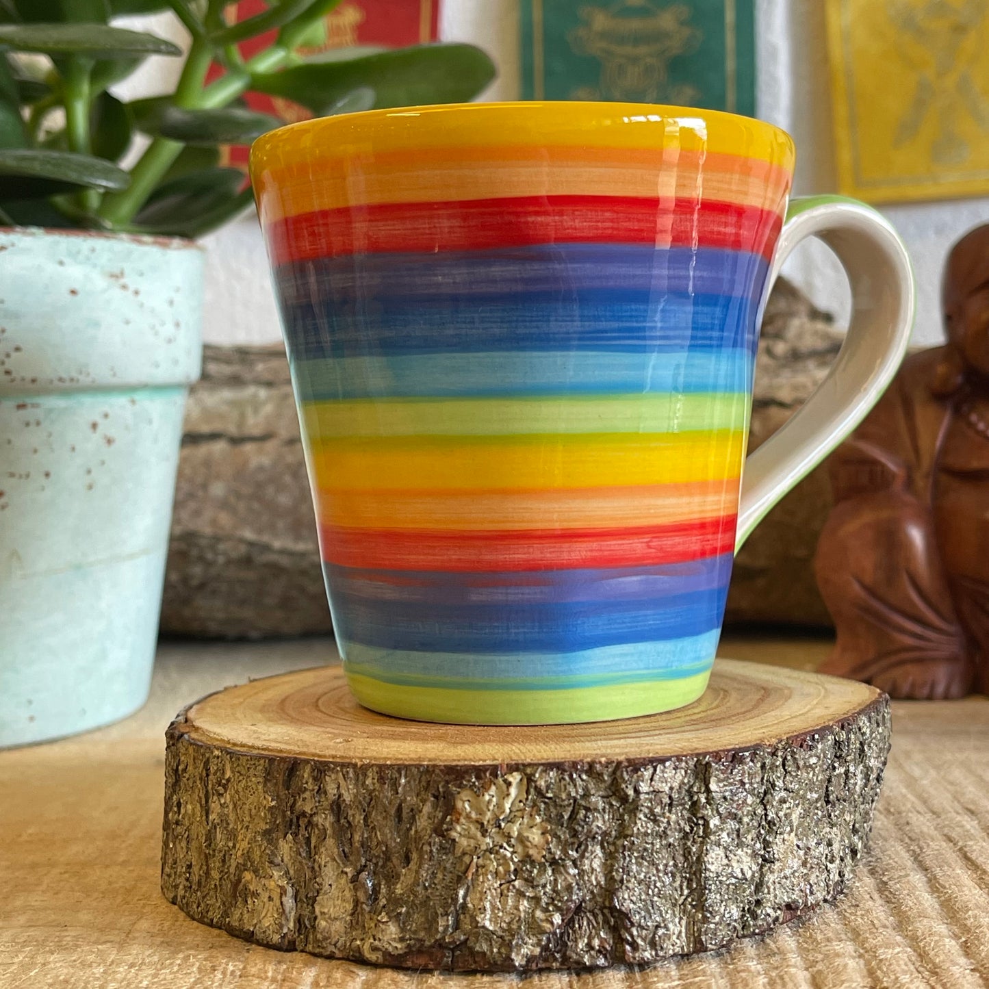 Hand painted rainbow stripe mug 349ml (approx.)