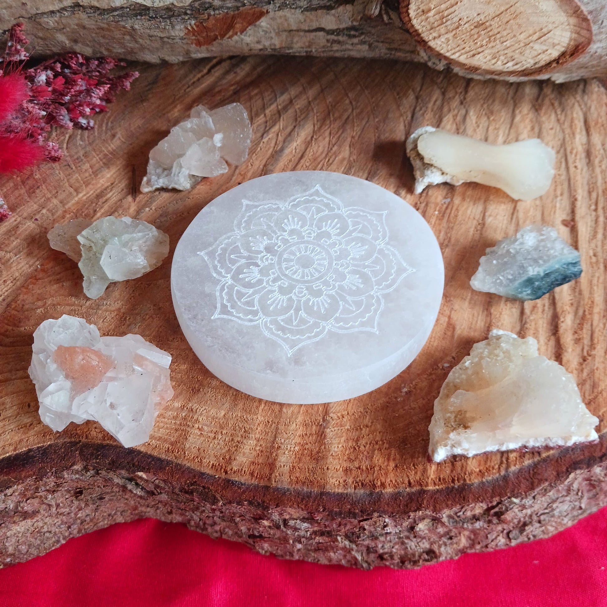 Crystal Charging Plate with Mandala Design and 6 Apophyllite Crystal Set