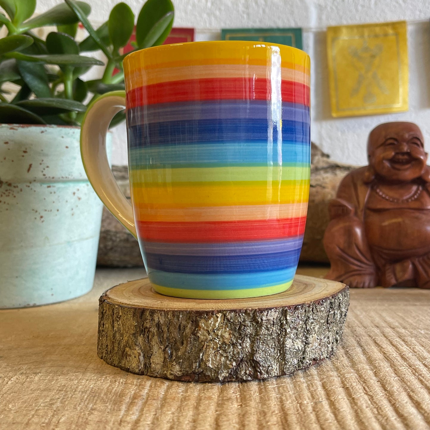 Hand painted rainbow stripe mug 349ml (approx.)