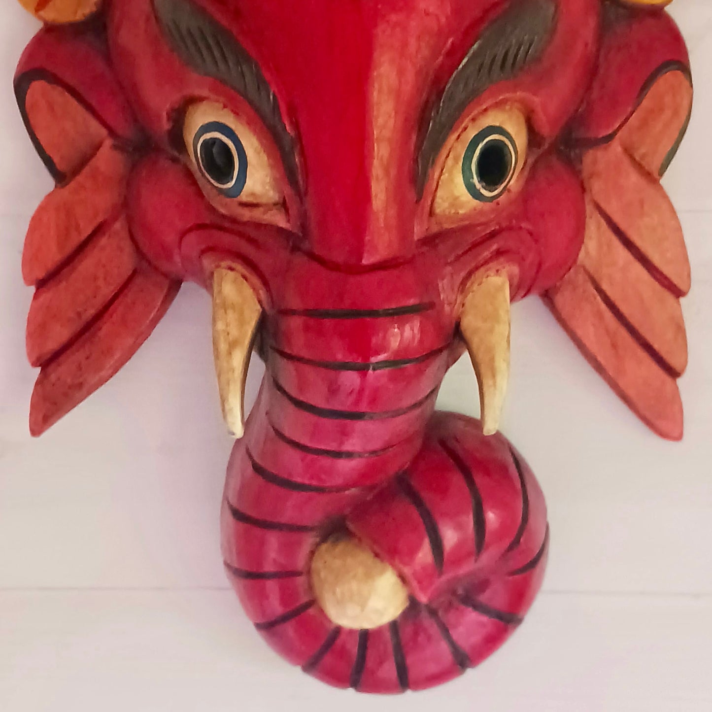 Hand Carved Ganesh Wooden Mask | Wall Hanging | Red