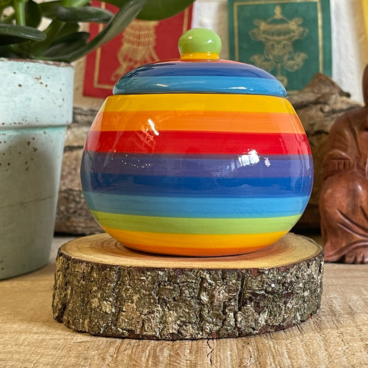 Hand painted rainbow stripe ceramic sugar bowl