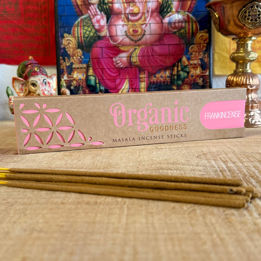 Discover the calming essence of Organic Goodness Song of India Frankincense Incense, crafted with love and tradition in India. This exquisite incense combines 96% organic ingredients, including natural wood powder and herbal essential oil extracts, hand-rolled to perfection. The warm, resinous aroma of frankincense brings a sacred, earthy scent with subtle hints of citrus and pine, creating a deeply enriching and meditative atmosphere.

Perfect for meditation, relaxation, or simply elevating your space, thi