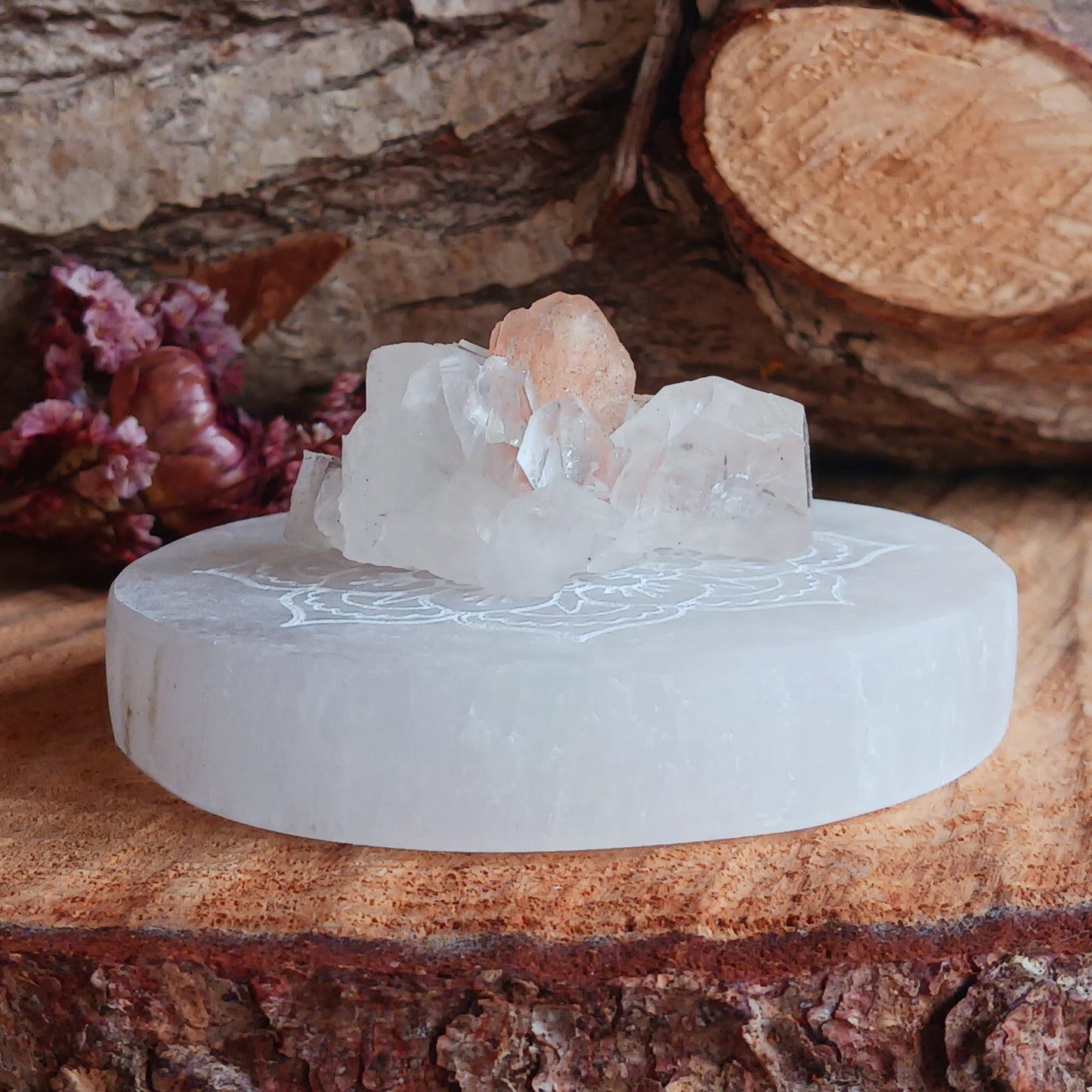 Crystal Charging Plate with Mandala Design and 6 Apophyllite Crystal Set