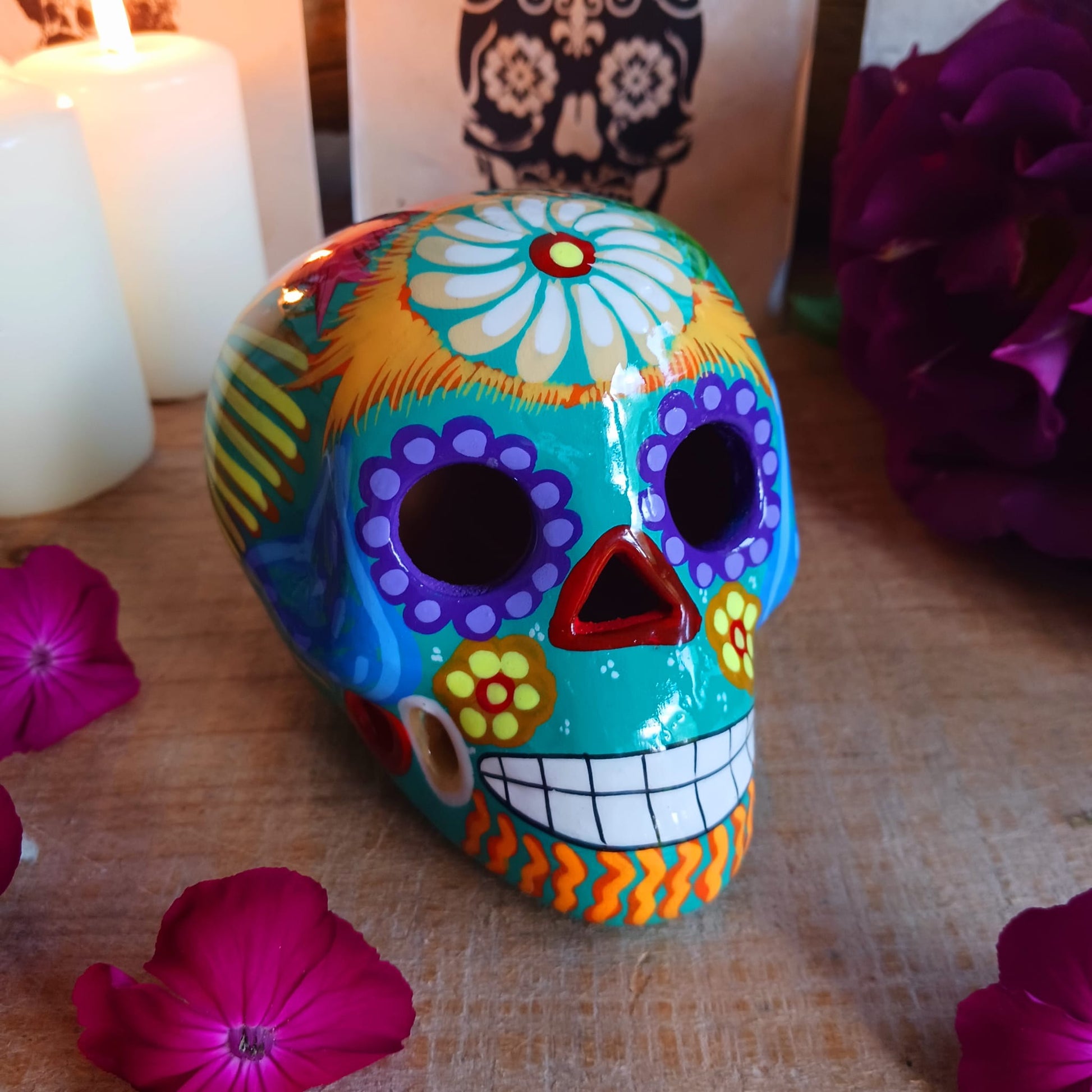 Mexican Painted Ceramic Candy Skull | Turquoise