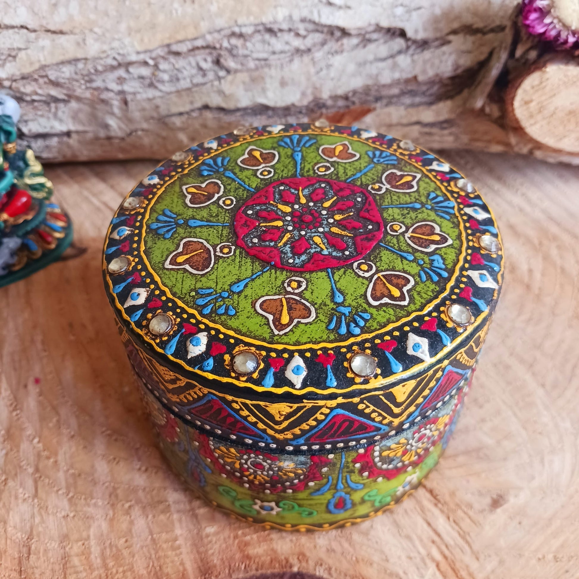 Hand painted Indian Round Jewellery Box  | Trinket Box | Multi