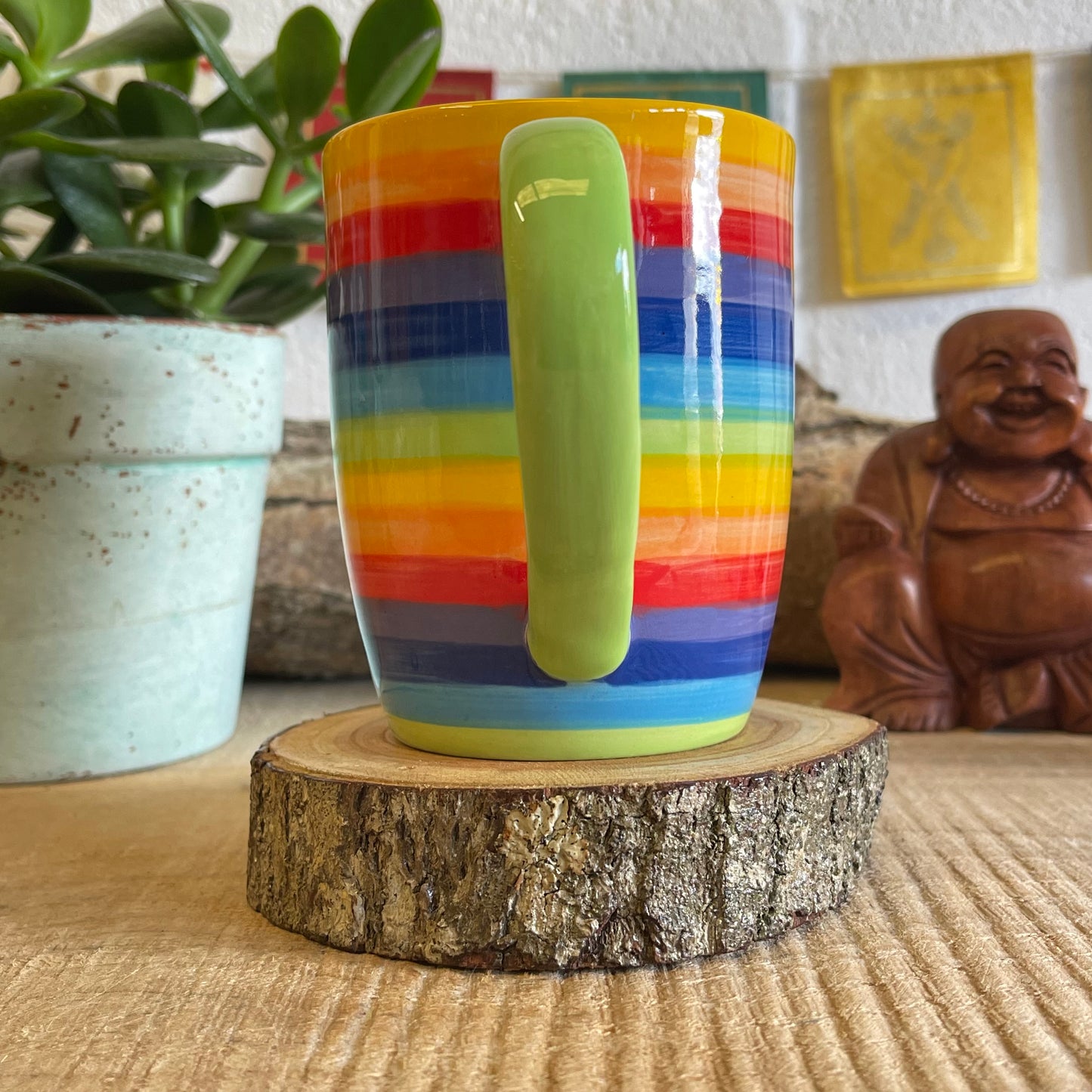 Hand painted rainbow stripe mug 349ml (approx.)